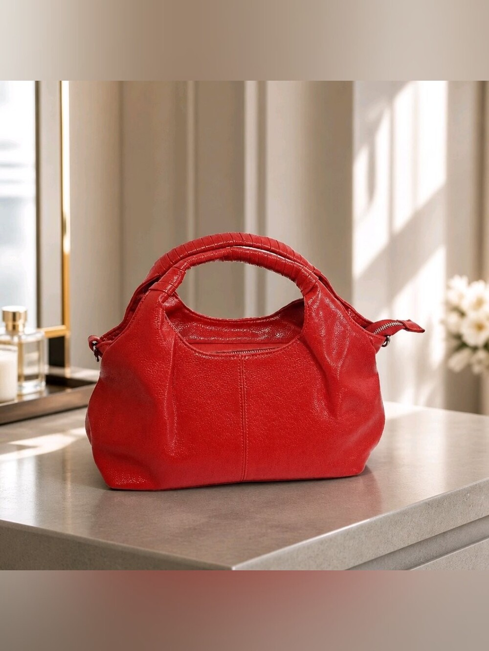 New Iswee Red Women's Leather Tote Handbag, Textured Handles (Strap Included)